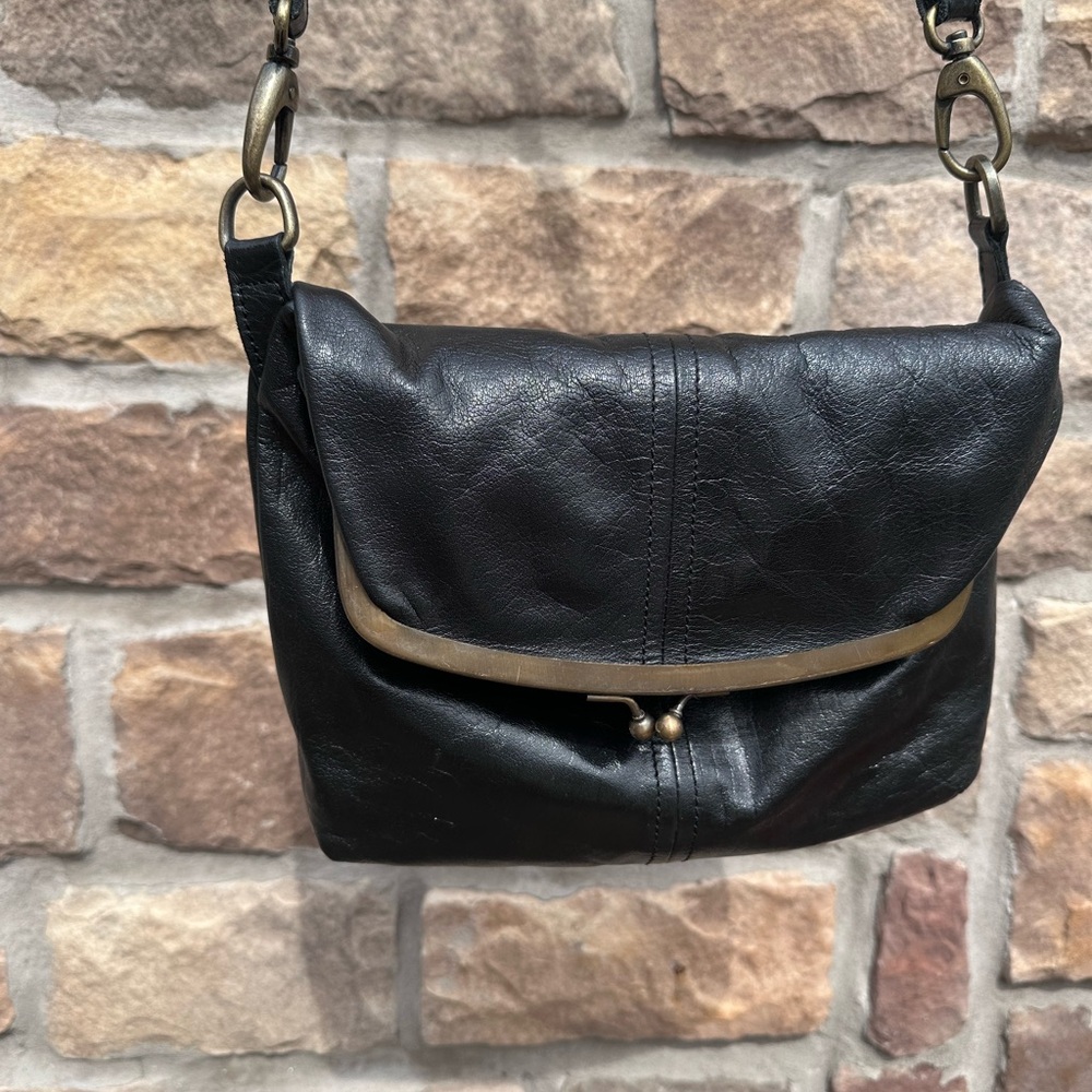 Odi Lynch Dublin Clip Black Leather Crossbody Bag with Antique Brass Accent
